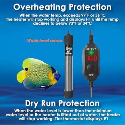200W Compact Aquarium Heater for 20-40 Gallon Tanks | Submersible Fish Tank Heater with LED Digital Thermostat, Dry-Run & Overheat Protection, Memory Function - size: For Tanks 20-40 Gal