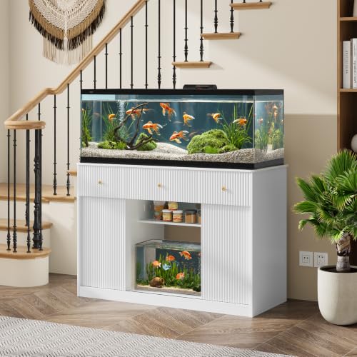 Garvee 55-75 Gallon Fish Tank Stand, Aquarium Stand with Power Outlet, Fish Tank Stand with Storage Cabinets, Drawers, LED Light, Sliding Barn Door Fish & Reptile Tanks Stand for 2 Tanks | Fish Tank Stand with Storage Cabinets, Drawers, LED Light, Sliding