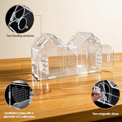 Jumping Spider Enclosure, Acrylic Terrarium with Partition Divider (1-2 Compartments), Dual Magnetic Doors & All-Side Ventilation, Jumping Spiders, Tarantulas, Mantis, GeckosHabitat, 9.6x4.2x5.8