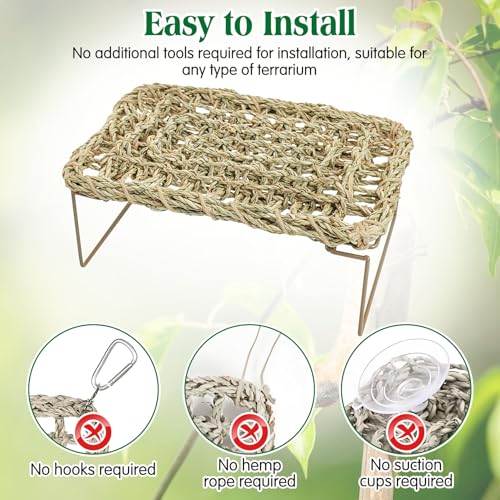 kathson Bearded Dragon Hammock with Ladder, Seagrass Reptile Basking Hammock with Metal Legs, Adjustable Lizard Bed Tank Accessories Decor for Amphibian Gecko Snake Hermit Crab Chameleon Climbing