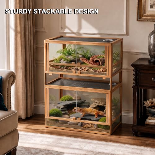 Solid Wood Reptile Tank, Stackable Front-Open Bioactive Vivarium （Beech） | Real Solid Wood, Water-Tested Pull-Out Glass Base, Bioactive Ready, Easy Cleaning, Expandable Modular Design