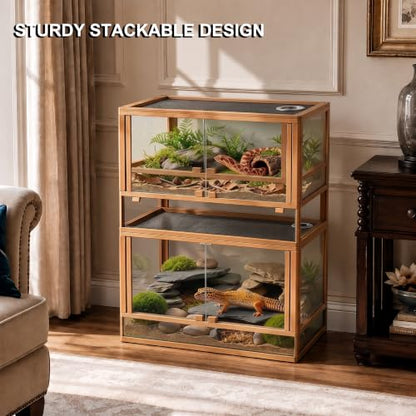 Solid Wood Reptile Tank, Stackable Front-Open Bioactive Vivarium （Beech） | Real Solid Wood, Water-Tested Pull-Out Glass Base, Bioactive Ready, Easy Cleaning, Expandable Modular Design