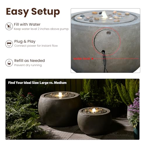 Tankana Garden Medium Water Fountain Outdoor Bubbler Water Feature Indoor with Lights & Pump and Pebbles Waterfall Fountains for Patio Deck Yard Home Decor Gray, 18 "L x 18" W x 11.5" H