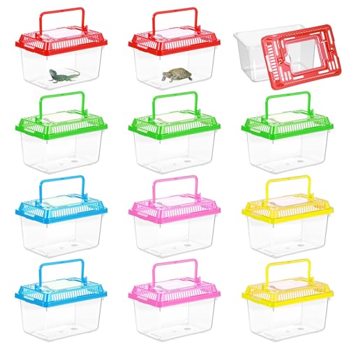 12Pcs Plastic Reptile Terrariums Carrier Cage Snake Breeding Box Hatching Container Clear Fish Tank with Ventilated Lid for Spider, Tarantula, Hermit Crab, Lizard, Turtle (5.1" x 3.5" x 3.5")