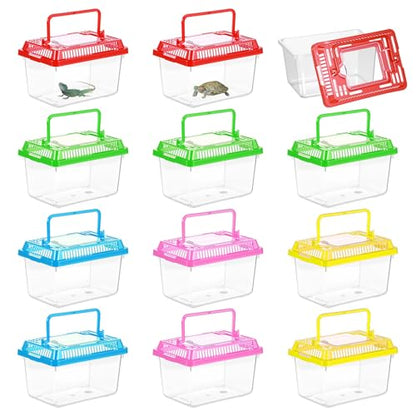 12Pcs Plastic Reptile Terrariums Carrier Cage Snake Breeding Box Hatching Container Clear Fish Tank with Ventilated Lid for Spider, Tarantula, Hermit Crab, Lizard, Turtle (5.1" x 3.5" x 3.5")