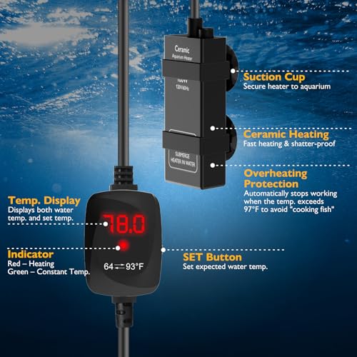 100W Small Aquarium Heater Betta Heater for 10-20 Gallon Freshwater & Saltwater Tanks, Alumina Ceramic Fish Tank Heater Turtle Heater with Dry-Run & Overheat Protection - size: For Tanks ≤ 20 Gal