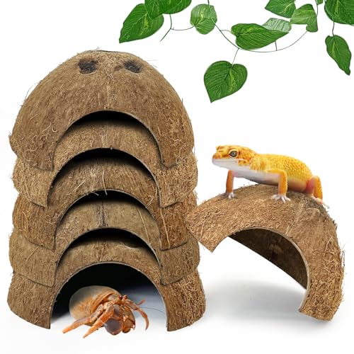 Hamiledyi 7 Pcs Reptile Hideouts Natural Coconut Shells Hut Leopard Gecko Tank Accessories for Hermit Crab Small Snake Tarantulas Lizard Chameleon Small Animal Hide Cave (with Fiber)
