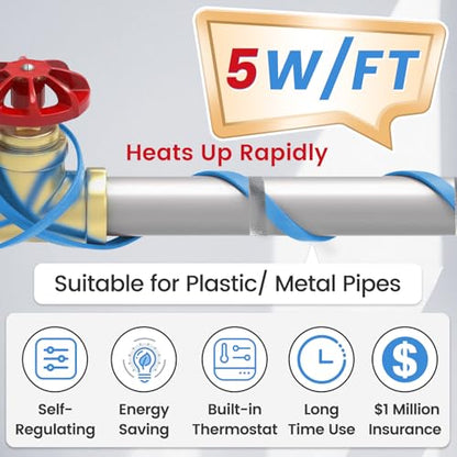 MAXKOSKO 2ft Dual Lights Self Regulating Heat Tape for Water Pipes 5W/ft | Heat Trace Cable with Thermostat, Heating Cable Freeze Protection for Metal & Plastic Pipes,Keeps Water Flowing at -40°F,120V - color: 2-feet