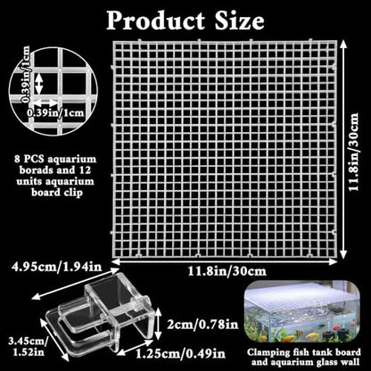 8 Pack Aquarium Lid, Fish Tank Lid with 12 Clips, Plastic Grid Panel Cover for Fish Tank Top, Aquarium Divider Board, Isolation Plate for Filter Tray, Terrarium Lids, 11.8 x 11.8 Inch