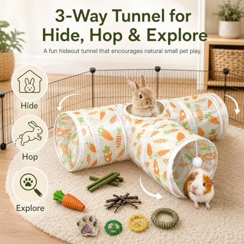 Rabbit Tunnel Toy, Collapsible 3-Way Hideout Tunnel with Chew Toys for Rabbits, Guinea Pigs, Ferrets, Kittens & Small Pets - Orange & White Carrot Design (33"x20"x9.5") - color: Orange