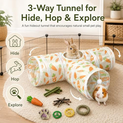 Rabbit Tunnel Toy, Collapsible 3-Way Hideout Tunnel with Chew Toys for Rabbits, Guinea Pigs, Ferrets, Kittens & Small Pets - Orange & White Carrot Design (33"x20"x9.5") - color: Orange
