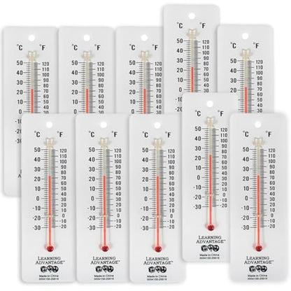 LEARNING ADVANTAGE Student Thermometers, Set of 10, Dual-Scale | Mercury-Free, Easy to Read, Indoor Science and Classroom Use