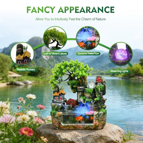 Upgraded Resin Tabletop Waterfall Fountain with LED Mist & DIY Rockery Landscape, Relaxing Desktop Water Fountain for Office, Bedroom & Home Décor, Quiet Indoor Water Feature