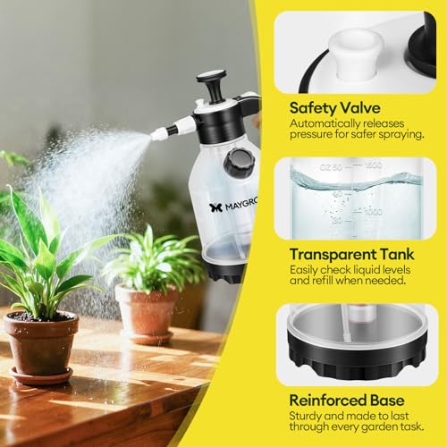MAYGROVE 50oz Pump Sprayer, Hand Water Spray Bottle | Clear Plant Sprayer with Side Filling Port, Measuring Cup, Adjustable Nozzles, Safe Pressure Relief Valve for Indoor Plant