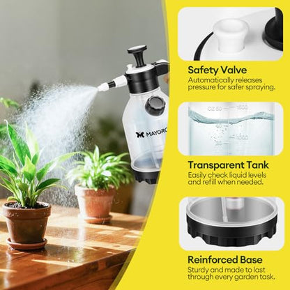 MAYGROVE 50oz Pump Sprayer, Hand Water Spray Bottle | Clear Plant Sprayer with Side Filling Port, Measuring Cup, Adjustable Nozzles, Safe Pressure Relief Valve for Indoor Plant