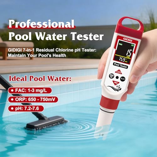 pH Meter Chlorine Tester Digital 7 in 1 Pool Water Tester Kit Salinity Tester for Saltwater Aquarium ORP Meter for Hydroponics Drinking Water Pool Water Tester pH and Chlorine for Pool Spa