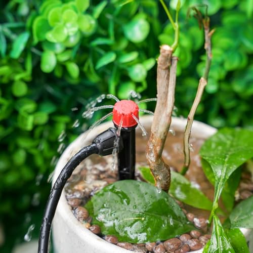 RedChili 50 Pieces Drip Emitters for 1/4" Drip Irrigation Tubing, 25 Pcs Vortex Emitters and 25 Pcs Stream Emitters Adjustable 360 Degree Full Circle Drip Emitters with Stake - size: Vortex&Stream Emitter