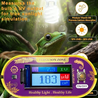 Reptile UVB UVA Light Meter for Bearded Dragon Tank Accessories, Portable Light Meter & Radiation Detector for Reptiles, Test Light and Sunlight Wavelength Meter with CR2032 Battery