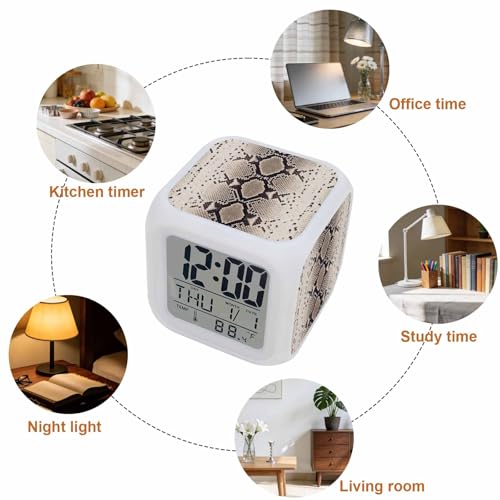 Snakeskin Print Alarm Clock, Boho Brown Beige Reptile Scales Animal Texture Digital Clock Night Light with 7 Color, Calendar Temperature 12/24H Display, Snooze Model Silent Desk Clocks for Bedroom