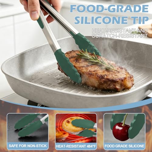 Stainless Steel Kitchen Tongs with Silicone Tips, Locking Grilling Food Tongs, 9" and 12", Set of 2 Dark Green - color: 2pack Dark Green