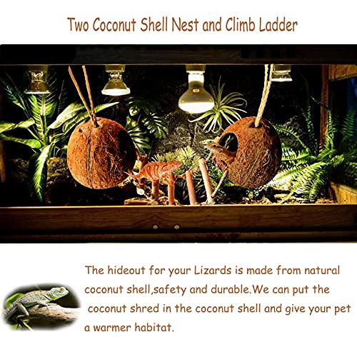 Gecko Coco Den Reptile Hideouts, Raw Coconut Husk Hut for Leopard Gecko, Sturdy Hanging Home, Climbing Porch, Hiding, Sleeping & Breeding Pad