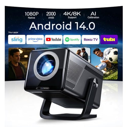 [2000 ANSI Daylight Visible] Native 1080P Smart Video Projector 4K 8K Input, Android 14 Projecteur Portatif with HiFi Sound, Auto Focus & Keystone, WiFi Bluetooth Home Theater for iPhone/Netflix X7
