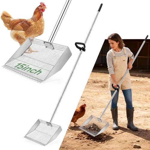 Chicken Poop Scooper Rake: Scooper with 75.6in Long Handle | 15in Wide Sifter-Adjustable Stainless Steel Rake-Non-Stick Metal-Easy to Clean-Ideal for Poultry Coop/Manure Cleaning