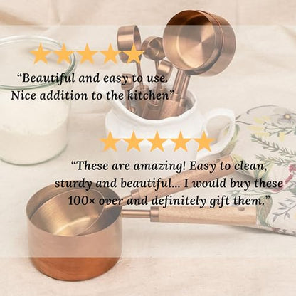 Copper Stainless Steel Measuring Cups and Spoons Set of 8, Wooden Handle with US and Metric Measurements