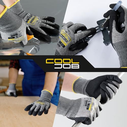 COOLJOB ANSI A5 Cut Resistant Gloves 12 Pairs, Nitrile Rubber Dipped Safety Work Gloves for Men, Knife Proof with Grip Coating for Construction Warehouse Glass Wood Work, Grey Medium - size: Medium, style: A5 Pack of 12