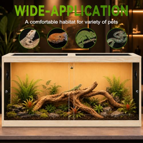 120 Gallon Reptile Tank with Leg Stand, Bearded Dragon Tank, 4x2x2 Reptile Enclosure with Clear Tempered Glass Side Panels, Front Sliding Doors and Ventilated Mesh Roof, Oak - color: Oak