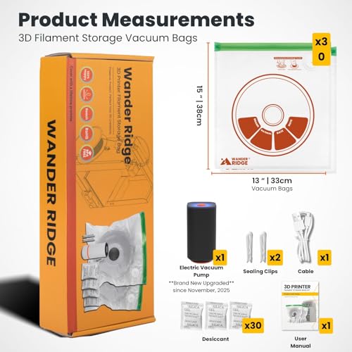 3D Printer Filament Storage Bags Vacuum Kit, 30 Vacuum Bags (13x15 in) with Auto Pump, 30 Desiccants & 2 Clips, Airtight Filament Storage for PLA ABS TPU, Dustproof Moisture Resistant - style: 30 Bags Kit