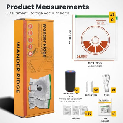 3D Printer Filament Storage Bags Vacuum Kit, 30 Vacuum Bags (13x15 in) with Auto Pump, 30 Desiccants & 2 Clips, Airtight Filament Storage for PLA ABS TPU, Dustproof Moisture Resistant - style: 30 Bags Kit