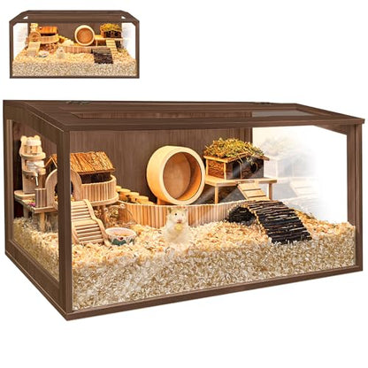 PROLEE Hamster Cage with Chewproof Wood Top, Guinea Pig Cages, Hamster Habitat with Clear Acrylic Sheets Solid Built, Small Animal Cage (Walnut, 32X15.5X15.5 inch) - color: Walnut, size: 32.0"L x 15.5"W x 15.5"H