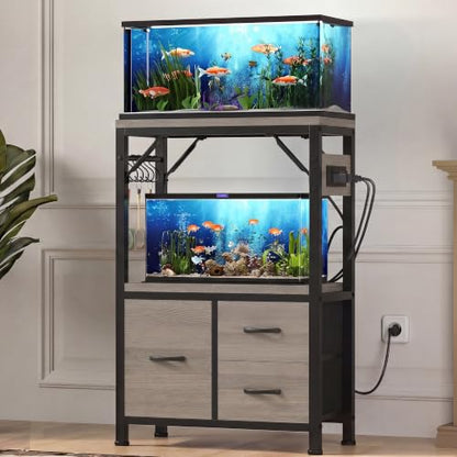Heybly 5-10Gal Fish Tank Stand with Drawer, Power Outlet,200lbs HAS002SSG-1 | Aquarium Stand,Heavy Duty Metal Frame for Fish Tank, Turtle & Reptile Terrarium, 20.5" × 10.2" Top, Rustic Gray - color: Greige, size: 5-10 gal