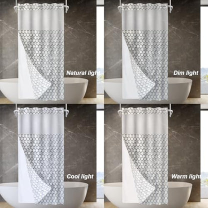 Snake Scale No Hooks Shower Curtain with Snap in Liner Set, Gray Fish Scale Pattern Tub Curtainn Mesh Top Window & Magnetic Hem Waterproof 35.5X74 Inch - color: Snake Scale 1 White03, size: 35.4"W x 74"L (Pack of 1)