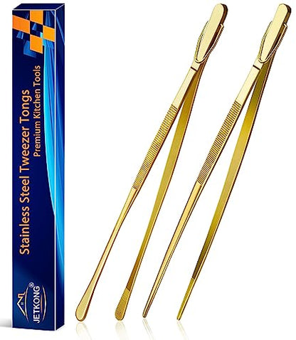 JETKONG 2 Pcs 12-Inch Cooking Tweezers Stainless Steel Food Tweezers Kitchen Tweezer Tongs (Gold) - color: Gold, size: 12+12 Inch