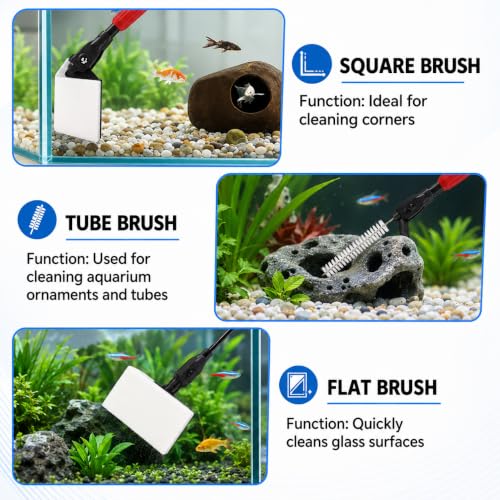 FISORAS Aquarium Cleaning Tools, 7 in 1 Fish Tank Cleaning Kit with Adjustable Long Handle,Aquarium Sponge Brush and Fish Net