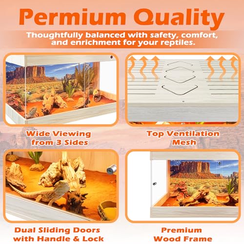 ROYXEN Reptile Tank, 34 Gallons Reptile Enclosure with Lockable Design, Tempered Glass Bearded Dragon Tank for Lizard Habitat, Soild Wood Built-in Sockets (Oak, 32"x16"x15.5") - color: Oak, size: 32"x16"x15.5"