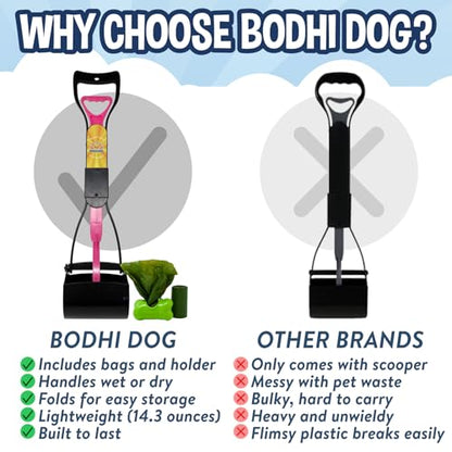 Bodhi Dog Complete Poo Pack- 24" Pooper Scooper, Poop Bags, & Waste Bag Holder, Ideal for Small to XL Pets - Durable, Easy-to-Use, Great for Grass, Gravel, & Outdoor Cleanups (Pink) - color: Pink