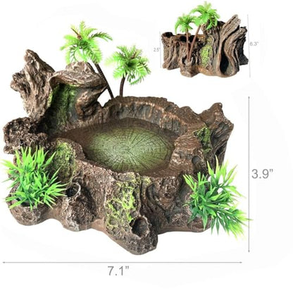 PINVNBY Reptile Water Dish, Snake Water Bowl, Resin Turtle Basking Platform with Artificial Plants, Crested Gecko Tank Accessories for Bearded Dragon, Hermit Crab, Snake (Smooth)
