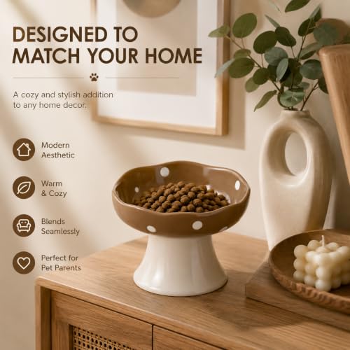Brown Mushroom Cat Bowl, Elevated Ceramic Bowl for Cats | Cute, Elevated, Ceramic, Whisker Friendly, Dishwasher Safe - color: Brown
