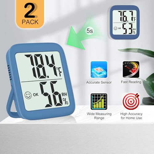 2 Pack Room Thermometer Indoor Hygrometer | Monitor Temperature & Humidity, Accurate, Fast Read, Easy To View, Magnetic/Kickstand/Hanging, ℉/℃, w/ Battery, Compact - color: 2 Pcs* Navy Blue