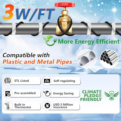 HEATIT 18ft Automatic Heat Trace Cable for Metal And Plastic Pipes 3W/FT | Suitable for metal and plastic pipes, ETL certified for reliable freeze protection and safe operation. - style: 18 ft