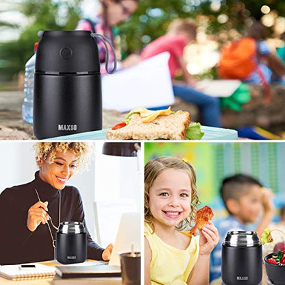 MAXSO 2 Pack Soup Thermo for Hot & Cold Food for Kids Adults, Vacuum Insulated Food Jar Thermal Lunch Containers, Travel Food Flask with Spoon (24 oz,17 oz) (Black) - color: Black