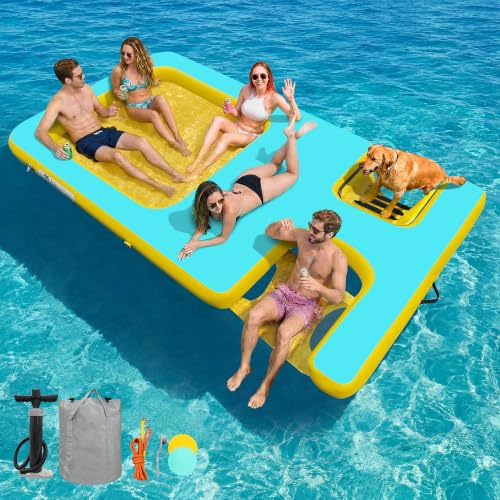 Inflatable Floating Dock with Water Ramp, Ladder, Hammock & Seat | 7ft/8ft/10ft Heavy Duty Platform Drop-Stitch PVC Mesh Fits Adults Family Couples Friends for Lake, River, Ocean Parties - color: Mint Green+Yellow, size: 10ft×6ft