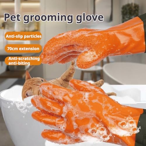 YOFANG Pet Grooming Washing Gloves,27.2" Extra Long Waterproof Rubber Bathing Gloves for Dogs & Cats,Anti-Bite & Anti-Scratch Hair Removal Cat Bath Gloves with 3000+ Massage Particles,Orange/Green - color: Orange and Green