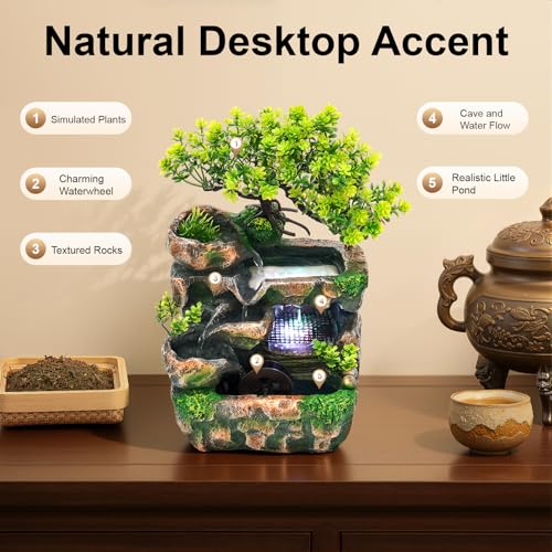 Tabletop Fountain Waterfall Water Fountains Indoor with LED Lights Desktop Relaxation Rockery Landscape Water Fountains Decoration for Home Office Bedroom Desk Decor