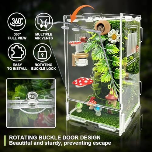 Jumping Spider Enclosure Starter Kit, Small Reptile Terrarium Accessories Set, All-in-One Reptile Tank with Magnetic Plant Holder, Hide, Water Dispenser, Decorations, 4.7"x4.7"x7.8" Fairy Tale Theme