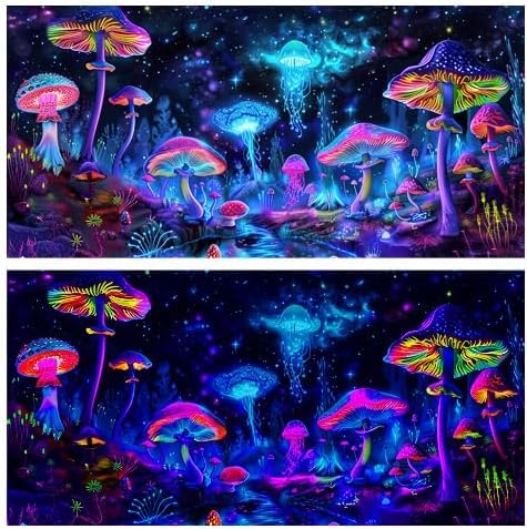 48X24IN Blacklight Mushroom Jellyfish Aquarium Background UV Reactive Background Starry Sky Terrarium Background with 10 EVA Double-Sided Tape - size: 48X24in/120X60cm