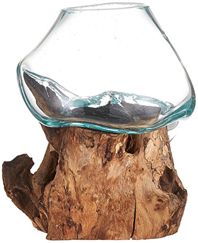 Molten Glass | #650-15A | Molten Glass & Wood Sculpture | Terrarium | Fairy Garden | Approximately 6" Wide | Natural Wood and Recycled Glass | - size: Approximately 6" Wide